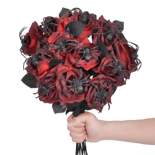Lot de 10 bouquets de roses et d'araignée pour centres de table et décorations de fête d'Halloween effrayantes (rouge)