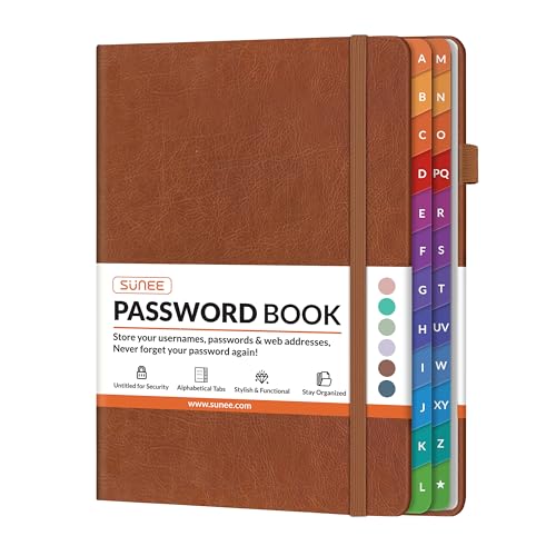 SUNEE Password Book with Colorful Alphabetical Tabs, Password Books for Seniors, Password Keeper Book for Computer and Internet Address Website Login, 5.3''x 7.7''- Brown