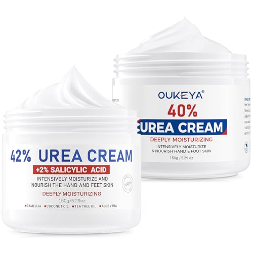 OUKEYA Krem do Stóp 40% Urea & Krem 42% Urea + 2% SA, Intensywna Regeneracja dla Suchej i Popękanej Skóry Stóp, Pięt i Dłoni, Złuszczający i Głęboko Nawilżający, 2x150g