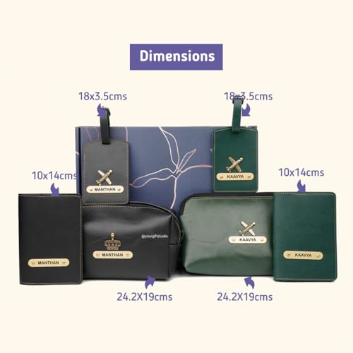 Image of Your Gift Studio Customized Leather Travel Pouch Kit Combo for Couple | Personalized Toiletry Bag, Passport Cover, and Luggage Tag with Name & Charm (Black)
