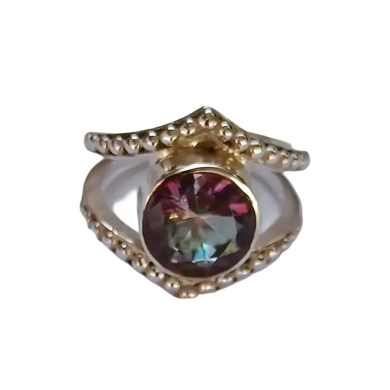 Mystic Topaz Ring, 925 Sterling Silver Statement Promise Ring for Women, Handmade Mystique Topaz Round Gemstone Jewelry, Elegant Gift for Her, Boho Chic Design (5.0)
