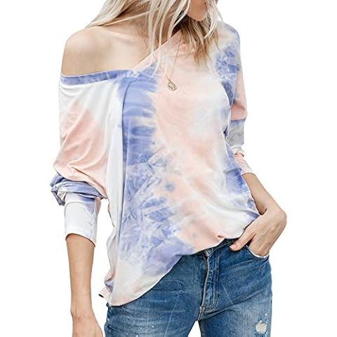 BerryGo Women's One Shoulder Tie Dye Sweatshirts Casual Printed Pullover Shirts Tops - Beige - Small Cover