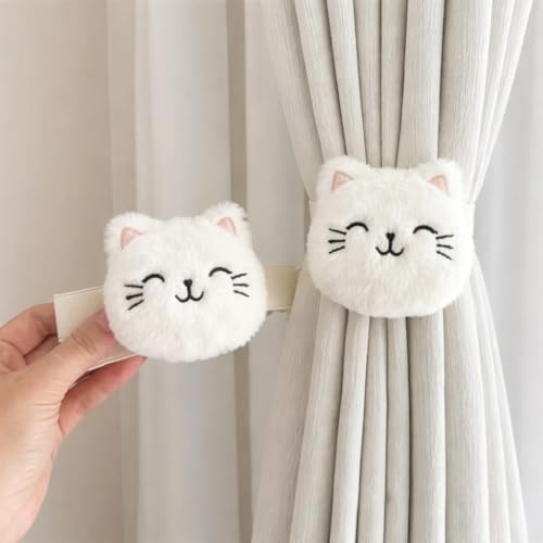 Image of Cute Cat Curtain Tieback Soft Plush | Decorative Cartoon Curtain Holder 10 cm | Elastic Tie Back for Kids Bedroom, Nursery & Living Room | Set of 6