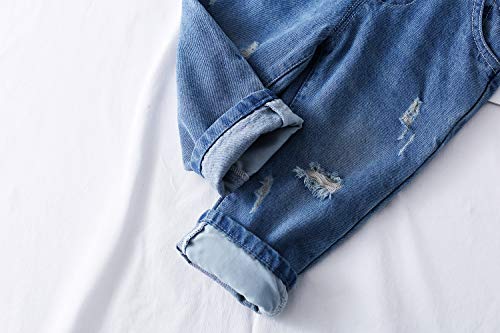 Image of KIDSCOOL Toddler Baby Denim Overalls Ripped Holes Jean Bib Romper Jumpsuit