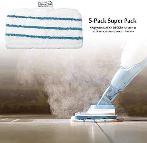5 Pack Washable Microfiber Steam-Mop Cleaning Pads Compatible with All Black+Decker Steam Mops, SM1600, SM1610, SM1620, SM1630, SMH1621, HSMC1300FX, HSMC1321, HSMC1361SG
