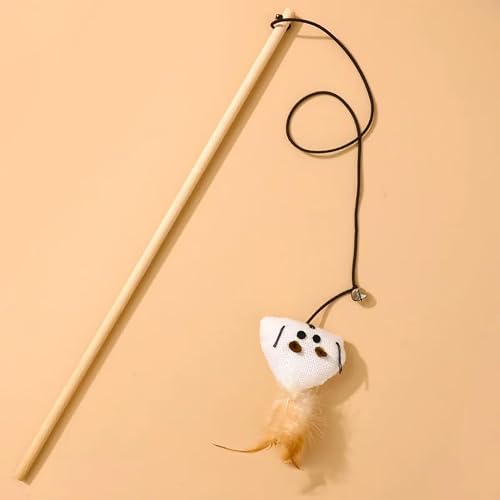 Cat Teaser Wand Toy with Feathers & Bell – Interactive Wooden Stick Cat Toy with Linen Mouse and Rope (Small, Birds)