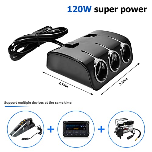 Moioee Car Cigarette Lighter Adapter, 12V/24V 3 Socket Power Splitter, Cigarette Lighter Adapter With 2 Usb Ports, Multifunctional Auto Charger, Led Indicator & Independent Switch For Usb (Black) #TOP1