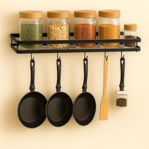 Image of Craft Expertise Wall-Mounted Pan & Pot Rack - Black Iron Kitchen Organizer with 7 S-Hooks | Space-Saving Hanging Rack for Utensils, Pots & Pans (16 inch x 5.25 inch x 2.5 inch)