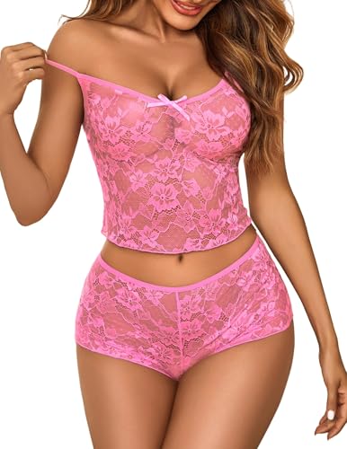 Image of GirlFriend Lace Bra and Panty Set V Neck Babydoll Lingerie 2 Piece Mesh Bralette Set for Wife, Women Wedding Valentine Special Night Occasion Festival
