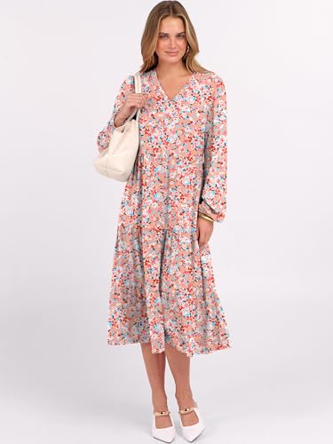 Image of ANRABESS Women's Long Lantern Sleeve Floral Midi Dresses 2026 Fall V Neck Casual Flowy A-line Tiered Boho Vacation Dress