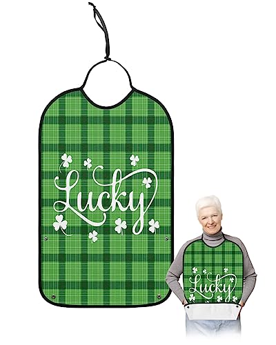 St. Patrick's Day Adult Bibs for Eating, Waterproof Bibs with Food Catcher & Adjustable Snap Closure, Green Black Buffalo Plaid Lucky Clover Clothing Protectors Adult Bibs for Elderly Women/Men