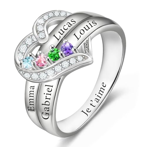 Bague personnalisée 1-4 prénoms femme pierre de naissance bijou Fête des Mères