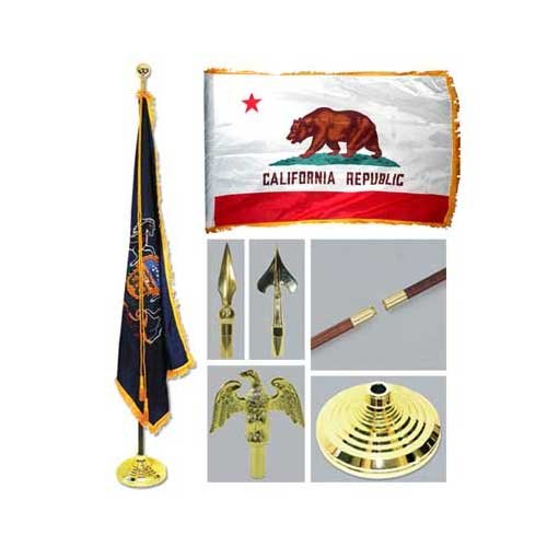 Super Tough California 3ft x 5ft Indoor State Flag with Gold Fringe | Complete Flagpole Kit - 7ft or 8ft Oak Pole, Gold Eagle or Spear Top, Gold Cord & Tassel | High Gloss Gold Finish Base