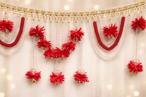 Image of Luxury Red Floral Pearl Toran 3 Feet | Handcrafted Traditional Bandhanwar for Door & Mandir | Festive Indian Home Decoration