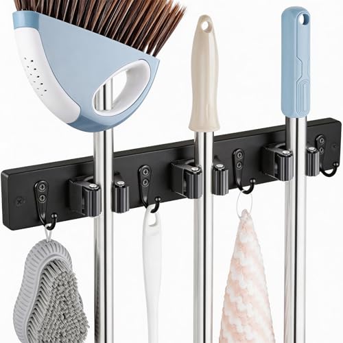 Image of OUTNILI Black Mop Broom Holder Wall Mount with 3 Slots & 4 Hooks - Wood Broom Mop Hanger for Pantry Kitchen Organization - Garden Tool Organizer for Closet Laundry Room