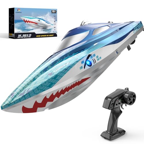 DEERC Full Proportional Remote Control Boat with LED Lights Shark Graffiti 20+ MPH 2.4GHz High Speed RC Racing Boats for Lakes Pool Toys for Kids & Adults