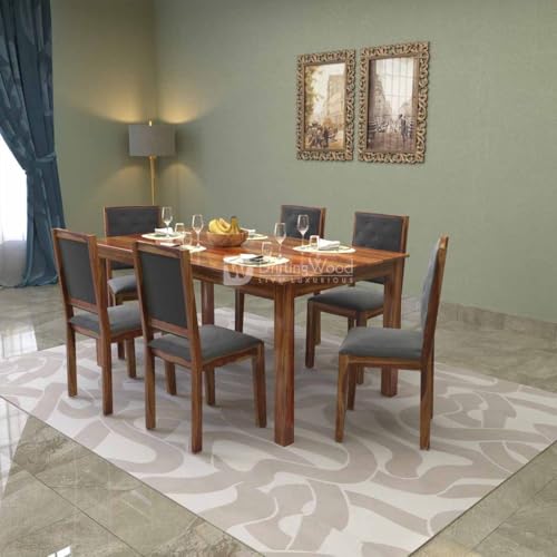 Image of DRIFTINGWOOD Izabel Dining Table 6 Seater | Six Seater Dinning Table with 6 Chairs for Home with Grey Cushions | Rosewood, Honey Finish, Self Assembly(DIY)