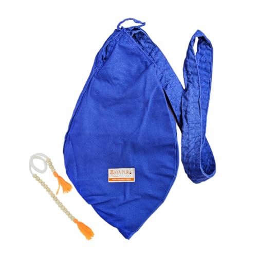 Image of Pure Cotton Chanting Bag or Gomukhi Japa Mala Bag or Cotton Bead Bag with Sakshi Mala Counter (Blue)