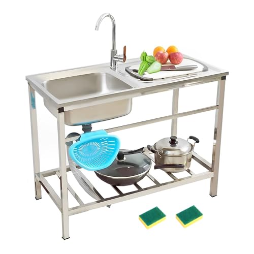 Fregadero Exterior Jardin Acero Inoxidable Fregadero De Cocina Comercial Con Grifo, Banco De Trabajo Y Estantes De Almacenamiento Fácil De Montar Y Lavar Para Bar/Lavandería/Sótano/Hote(75x40xH75cm)