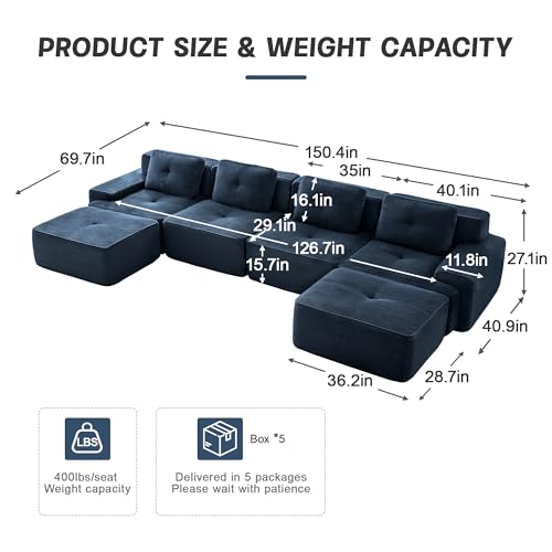 Image of 153 inch U-Shaped 4-Seater Modular Boneless Couch with 2 Ottomans, Premium Corduroy Upholstery, Deep Seat Cloud sectional Sofa, No Assembly Anti-Slip Design, Blue