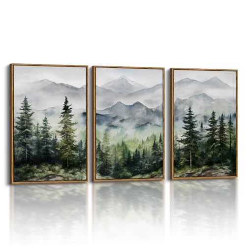 Image of Misty Mountain Framed Canvas Wall Art 16"x24"x3, Living Room Bedroom Office Modern Nature Wall Decor, Rustic Serene Forest Landscape Canvas Art Prints Set Framed Forest Paintings