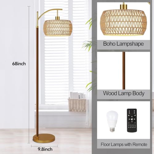 Image of ZECOXOL Wood Floor Lamps for Living Room Arc Boho Floor Lamp with Remote Control & 3 Color Temperatures,Vintage Wicker Rattan Standing Lamp Dimmable Tall Floor Lamp for Bedroom Living Room Corner
