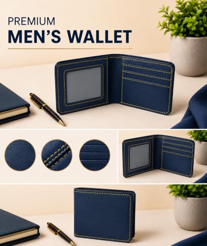 Image of B'Code Customised Original Leather Wallet for Men with Name, Personalized Purse (Navy Blue) Unique Stylish Gift for Brother, Husband, Boyfriend, Birthday, Rakshabandhan, New Year, Valentine's Day