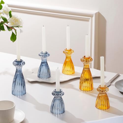 Lysenn Glass Candle Stick Holder Set of 3 – Premium Taper Candle Holders for Romantic Ambiance - Candle Sticks Holder Decor for Special Occasions - Dark Blue