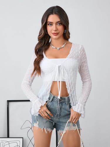 Image of Milumia Women's Y2K Textured Mesh Cardigan Shrug Tie Front Tops