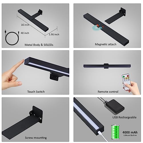 Image of Wireless LED Picture Light 16in with Remote,Dimmable and Timer Picture Lights for Paintings,Metal Rechargeable Art Light Display Lamp,3 Modes,Dartboard Light for Frame Picture Gallery Portrait