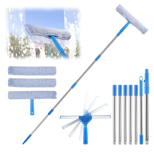 Limpiacristales con Mango Extensible, Limpiador de Ventanas Profesional Set 2 en 1 con Mango Largo de 300cm, con Cabezal Giratorio y Estropajos de Recambio para Ventanas Altas en Exterior y Hogar