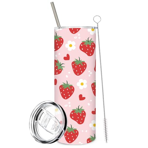 Whaline Strawberry Tumbler with Lid Straw Flower Heart Strawberry Stainless Steel Cup Red Pink White Tumbler Cup for Spring Summer Home Office Supplies