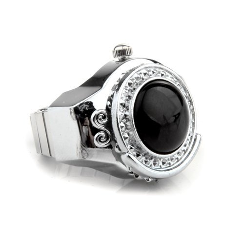 TOOGOO(R) Stretchy Black Round Agate Gem Finger Ring Watch 20mm HOT