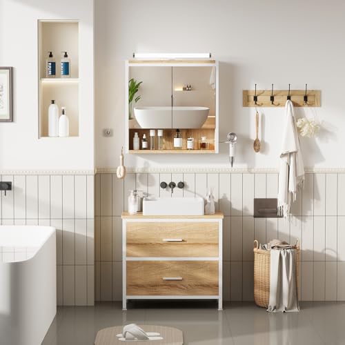 ELUCHANG Ensemble Meuble Salle de Bain 2 pièces,Armoire Murale Salle de Bain avec LED, Meuble sous lavabo avec 2 Tiroirs,étagères réglables, Style...