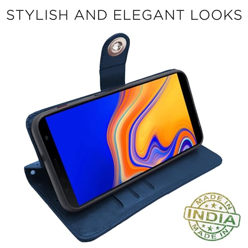 Image of Pikkme Samsung Galaxy J4 Plus Flip Cover Leather Finish | Inside TPU with Card Pockets | Wallet Stand and Shock Proof | Complete Protection Button Flip Case (Blue)