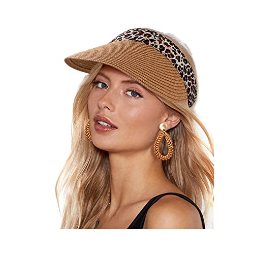boderier Leopard Straw Visor Hats for Women Wide Brim Summer UV Protection Outdoor Running Golf Sun Hats Caps Packable with Rattan Earrings (Khaki-Leopard)