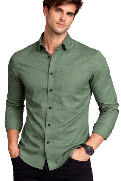 Image of Men's Slim Fit Long Sleeve Button-Down Shirt, Casual Formal Style with Chest Pocket