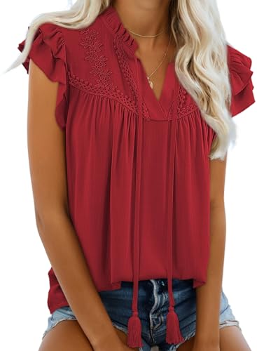 Dokotoo Babydoll Tops for Women Ruffle Sleeve Pleated Shirts Dressy Tassel V Neck Boho Top Embroidered Basic Lace Shirts Red Large — view 5