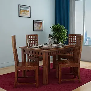 WOODLAB Sheesham Wood Kuber Dining Table Set with 4 Chair for Dining Room Wooden Four Seater Dinner Table for Home Living Room Hotels - Natural Finish