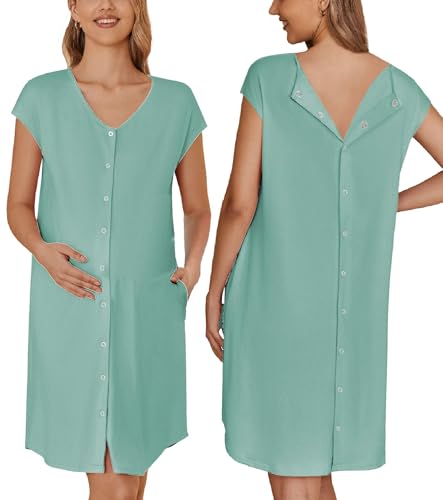 Image of Ekouaer Labor/Delivery/Hospital Gown Nursing Nightgown Maternity Sleepwear With Pockets Postpartum Gowns with Button S-XXL