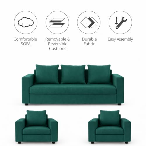 Image of Wood 3+1+1 Sofa Set 5 Seater | Velvet Fabric Upholstery | Wooden Frame Sofa Set with 3 Seater & 2 Single Chairs for Living Room, Home & Office (Green)