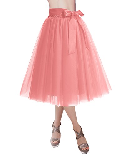 Jdlsppl Women's Pleated Ruffle Tutu Skirt - Vintage Chiffon Bubble Skirt, High Waist Calf Length, Pink (Sizes Small-Large)
