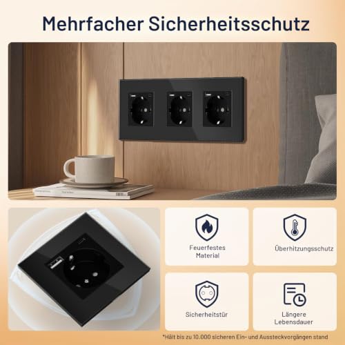BSEED USB Steckdose Tripel Schwarz Schuko Wandsteckdose mit USB Anschluss (Max. 2.1A) Typ C Port Unterputz Steckdose Glas Ladegerät für… – Ansicht 5