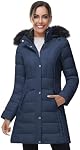 SLOW DOWN Women Winter Down Puffer Coat Warm Hooded Mid-Length Down Jacket for Women with Faux Fur Trim Hood and Pile Collar