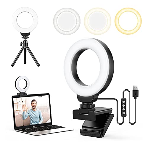 FDKOBE Webcam Lighting,Ring Light for Laptop/Computer,Zoom Call Lighting,4''Small Video Conference Lighting with Webcam Style Mount and Tripod,3 Light Modes&10 Brightness Levels,Selfie (4inch01)