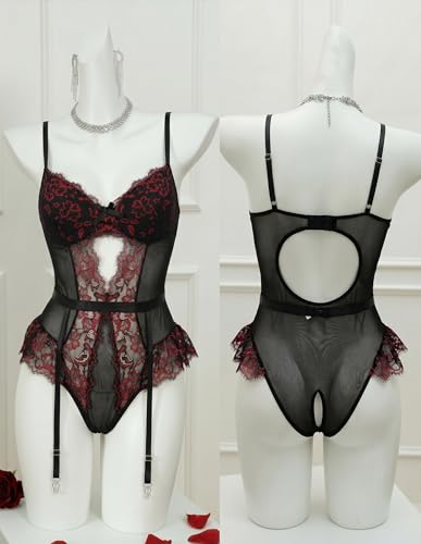 Image of Avidlove Lingerie for Women Mesh Lace Bodysuit Sexy Wireless Garter Lingerie Set Teddy Lingerie(No Stockings)