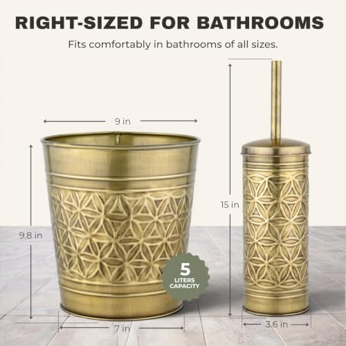 Image of Autumn Alley Toilet Brush and Holder Set with Brushed Brass Bathroom Trash Can - Brass Bathroom Accessories Garbage Can Set for Rustic and Modern Bathroom Decor