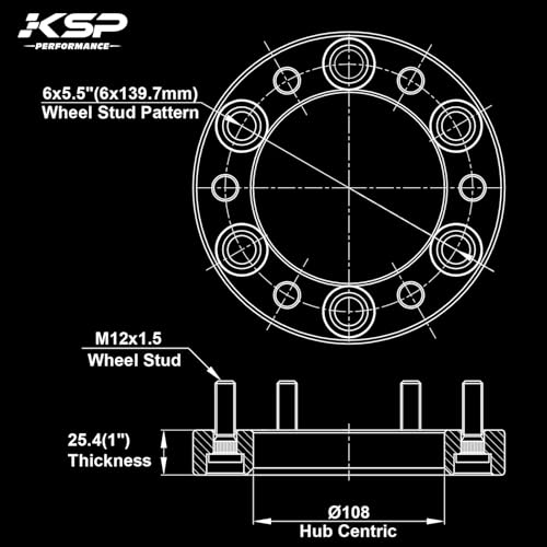 Image of KSP 1 inch 6X5.5 Wheel Spacers for Tacoma 2016-2023, 6x139.7 mm to 6x139.7 mm Thread Pitch M12x1.5 Hub Bore 108mm Adapters for 6 Lugs Tacoma 2005-2015, 4Runner Tundra FJ Land Cruiser, Not Hubcentric