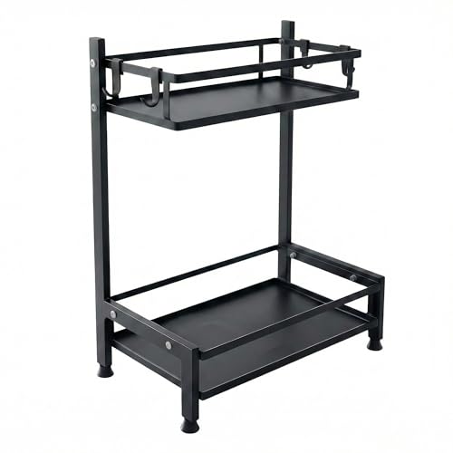 Image of IBELL DR6373 2-Tier Multipurpose Metal Storage Rack for Kitchen & Office | Countertop Organizer with Hooks | Spice Rack, Desk Shelf, Bathroom & Pantry Organizer (Black)