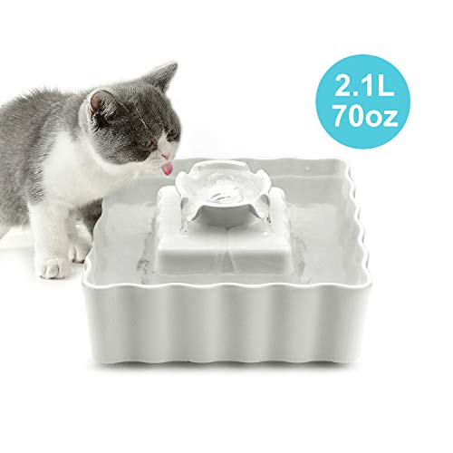 VinDox Ceramic Cat Fountain, 2.1L Pet Drinking Fountain for Cat and Dog, Easy to Clean Ultra Quiet Cat Fountain Porcelain, Cat Water Dispenser with 3 Activated Carbon Filter and Sponge Foam Pre-Filter